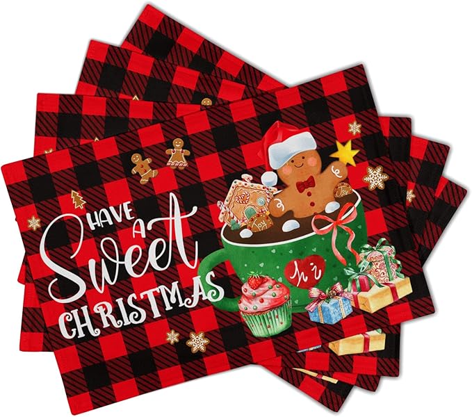 Giwawa Gingerbread Placemats Set of 4, Have A Sweet Christmas Red Black Buffalo - Image 2