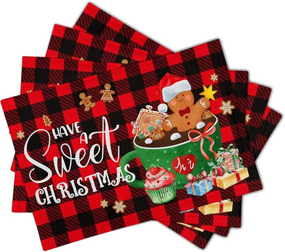 Giwawa Gingerbread Placemats Set of 4, Have A Sweet Christmas Red Black Buffalo - Image 2