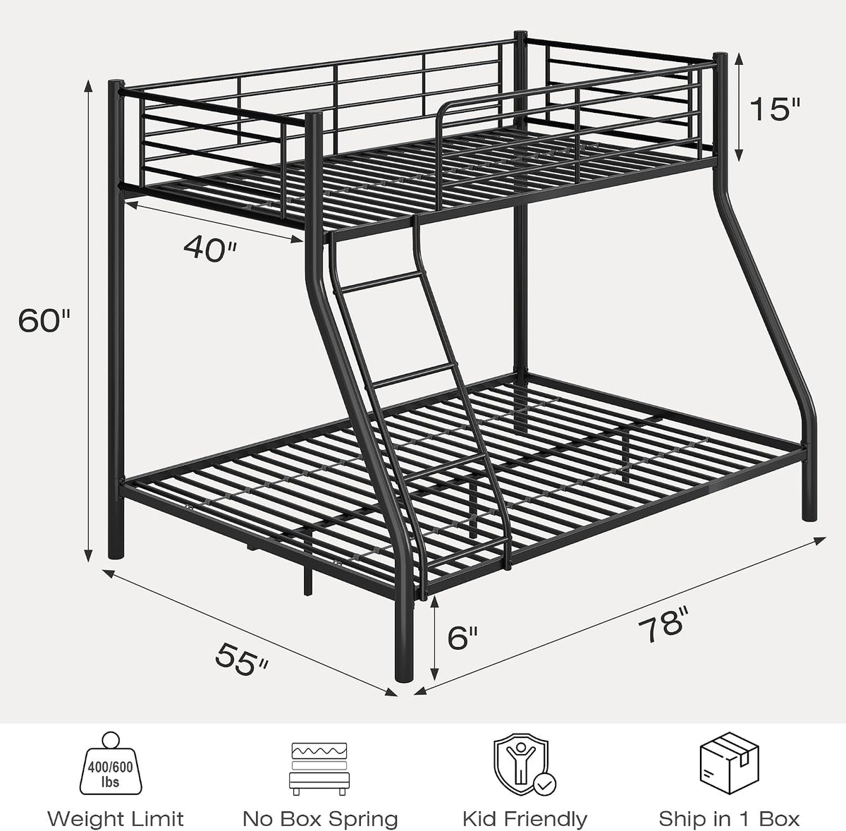 vecelo bunk bed twin over full, metal bunkbeds shown in use