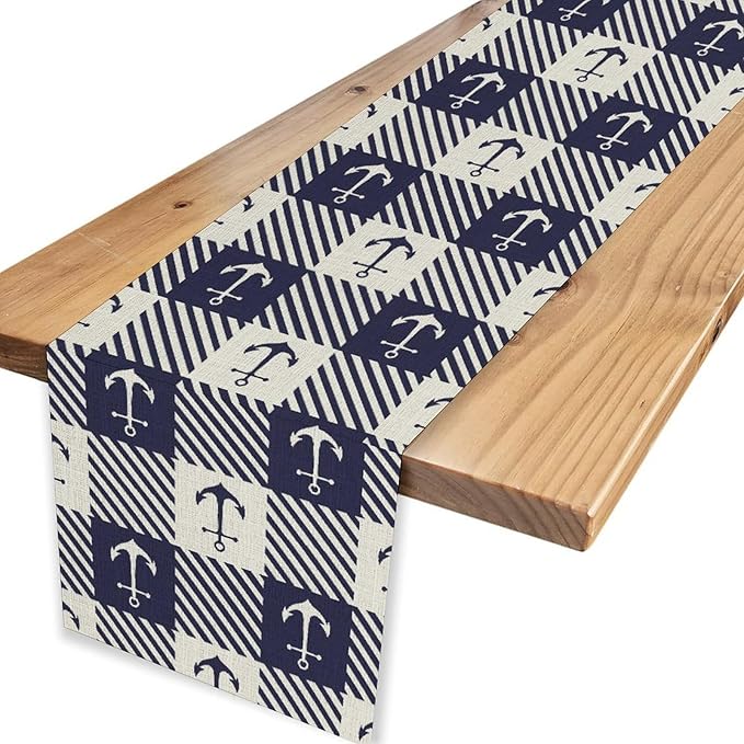 Anchor Table Runner, Nautical Navy Blue Retro Sailing Seasonal Anchor Print - Image 4