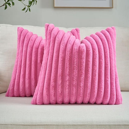 FUTEI Hot Pink Throw Pillow Covers Set of 2, 24x24 Inch Striped Texture by FUTEI