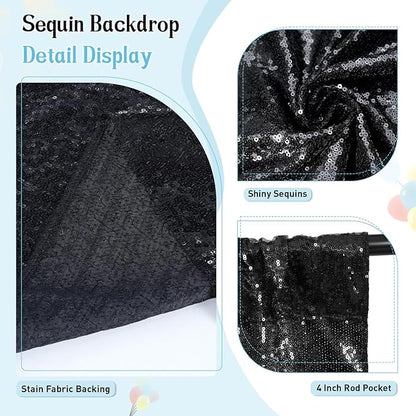 SquarePie Sequin Backdrop Less See Through Thick Background Glitter Curtain for Halloween Party 7FT x 7FT Black