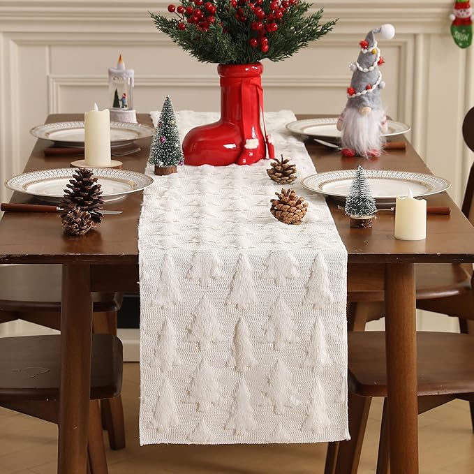 Christmas Tbale Runner 13x72 Inch Soft Plush Faux Fur Jacquard CreamWhite Big - Image 2