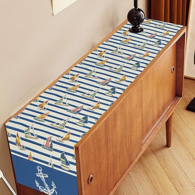 Nautical Anchor Table Runner, Retro Coastal Ship Anchor Stripe Navy Blue - Image 3