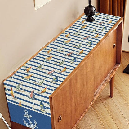 Nautical Anchor Table Runner, Retro Coastal Ship Anchor Stripe Navy Blue - Image 3