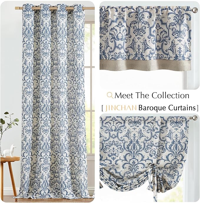 jinchan Linen Valance Curtain for Kitchen Vintage Damask Floral Blackout - Image 9