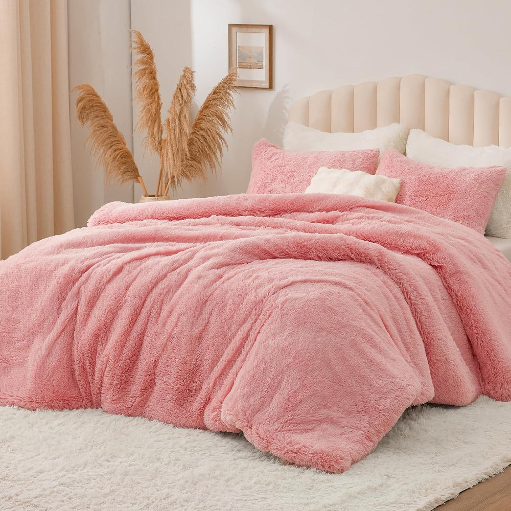 BEDELITE Pink Fluffy Comforter Set Queen, Fuzzy Faux Fur Comforter
