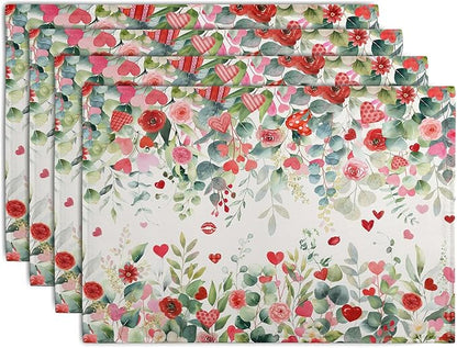 Valentines Eucalyptus Leave Placemats Set of 4, 12x18 Inch Valentine Heart Rose by Wnoesat