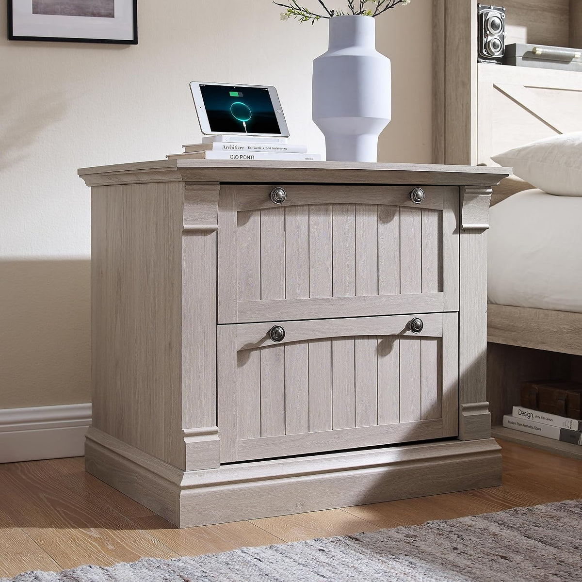 t4tream 30" farmhouse nightstand with charging station, white, main product view