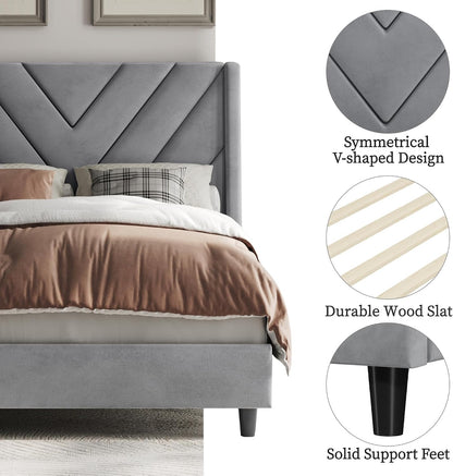yaheetech twin bed frame with chevron channel-tufted headboard, front angle view