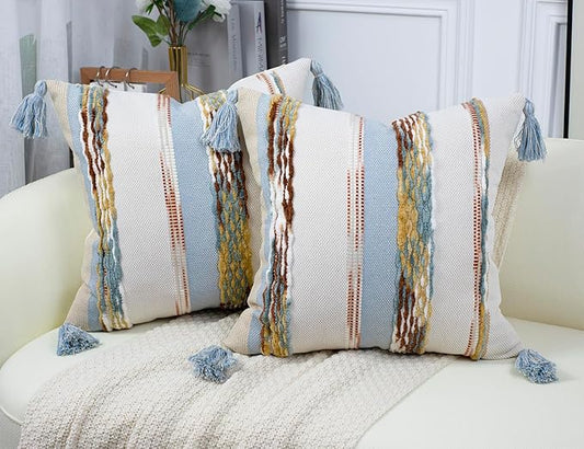 PANOD Chenille Farmhouse Throw Pillow Covers 18 x 18 Light Blue, Neutral Boucle by PANOD