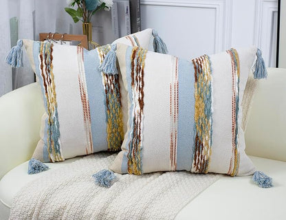 PANOD Chenille Farmhouse Throw Pillow Covers 16 x 16 Light Blue, Neutral Boucle by PANOD