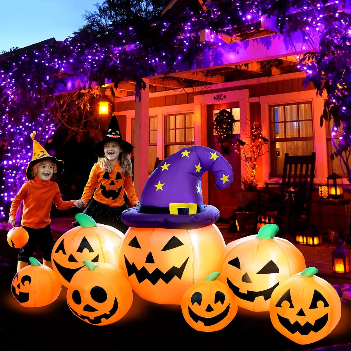 8FT Long Halloween Inflatables Pumpkin Outdoor Decorations, Halloween Blow Ups Inflatable Pumpkin for Yard, Garden, Lawn with Witch Hat