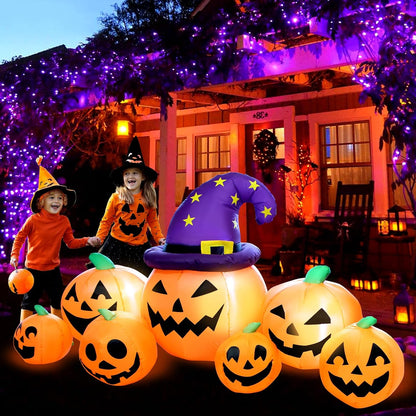 8FT Long Halloween Inflatables Pumpkin Outdoor Decorations, Halloween Blow Ups Inflatable Pumpkin for Yard, Garden, Lawn with Witch Hat