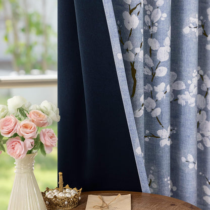 fmfunctex blue blackout floral curtains for bedroom, 63, front angle view