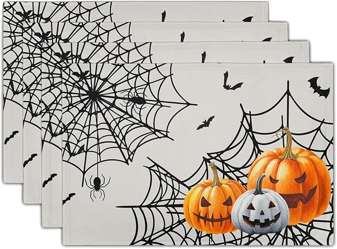 Giwawa Halloween Placemats, Colorful Spooky Pumpkins Spider Web Bats Linen by Giwawa