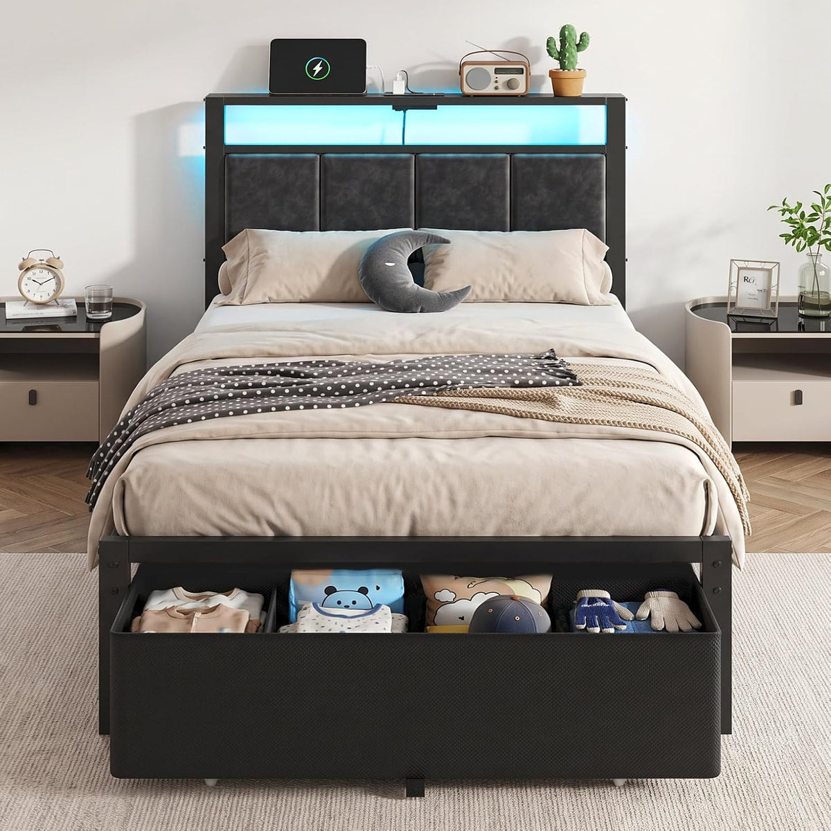 twin size bed frame with upholstered headboard and, main product view