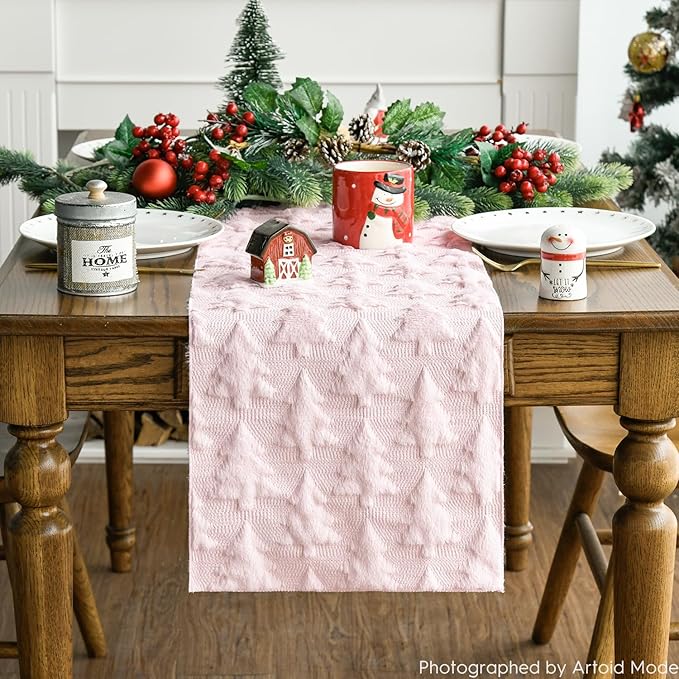 Artoid Mode Christmas Trees Pink Soft Plush Faux Fur Jacquard Christmas Table - Image 3