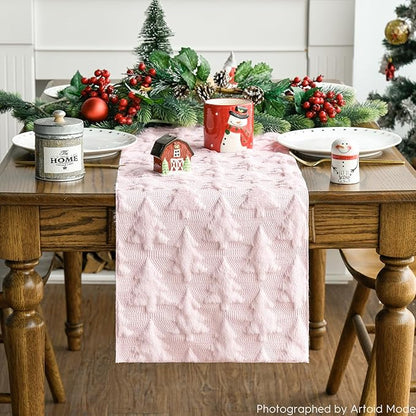 Artoid Mode Christmas Trees Pink Soft Plush Faux Fur Jacquard Christmas Table - Image 3