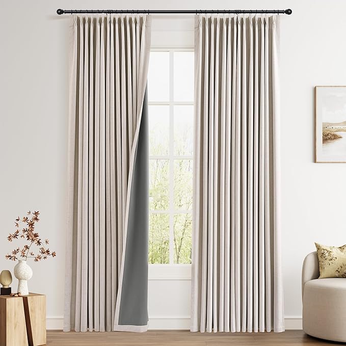 Pinch Pleated 100% Blackout Linen Curtains 90 Inch Length 2 Panels Set by Joywell