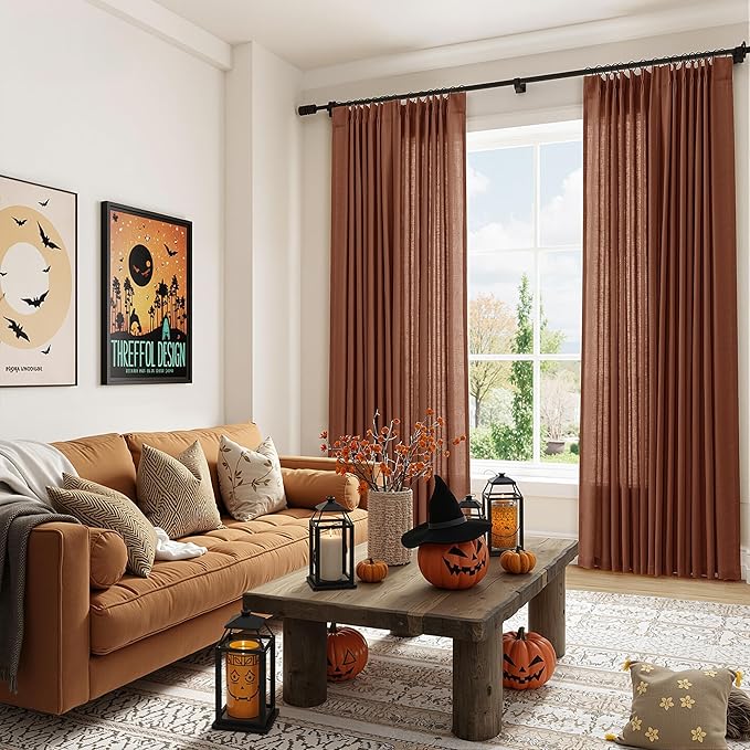 Terracotta Pinch Pleat Linen Curtains 96 Inch Length 2 Panels Set - Image 2