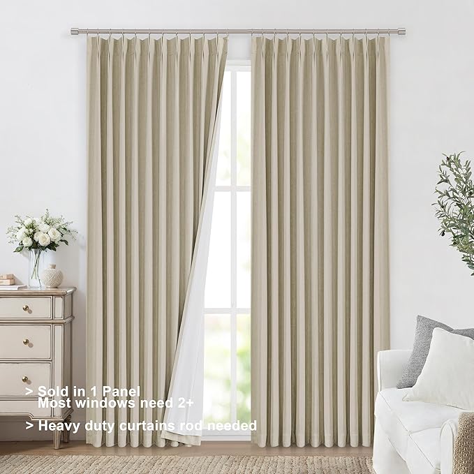 Vision Home Sand Pinch Pleated Full Blackout Curtains Linen Blended Room - Image 2
