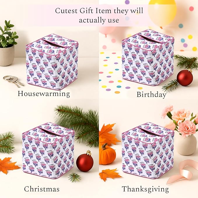 CPC Pink Sapphire Hand Block Printed Cotton Tissue Box Cover 5" x 5" x 5.5" - Image 4