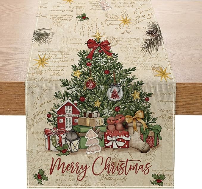 Vintage Christmas Trees Table Runner 13x72 Inch Merry Box Poinsettia Winter by ZCHOMI