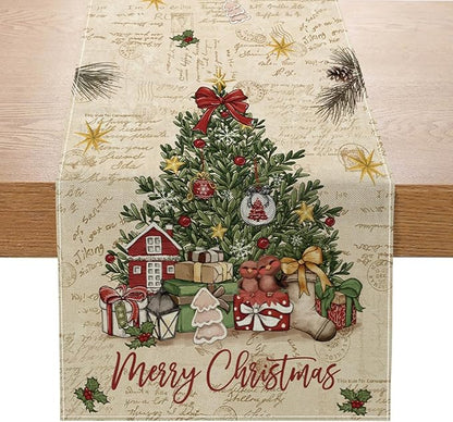 Vintage Christmas Trees Table Runner 13x72 Inch Merry Box Poinsettia Winter by ZCHOMI