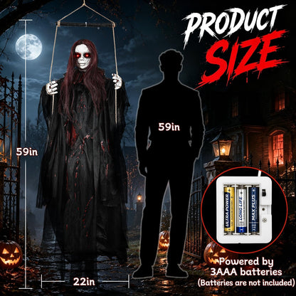 59" Scary Hanging Ghost Girl Halloween Decoration – Sound & Touch Activated Swinging Doll with Red Eyes & Creepy Sounds, Outdoor/Indoor Decor for Haunted House, Graveyard, Yard & Party