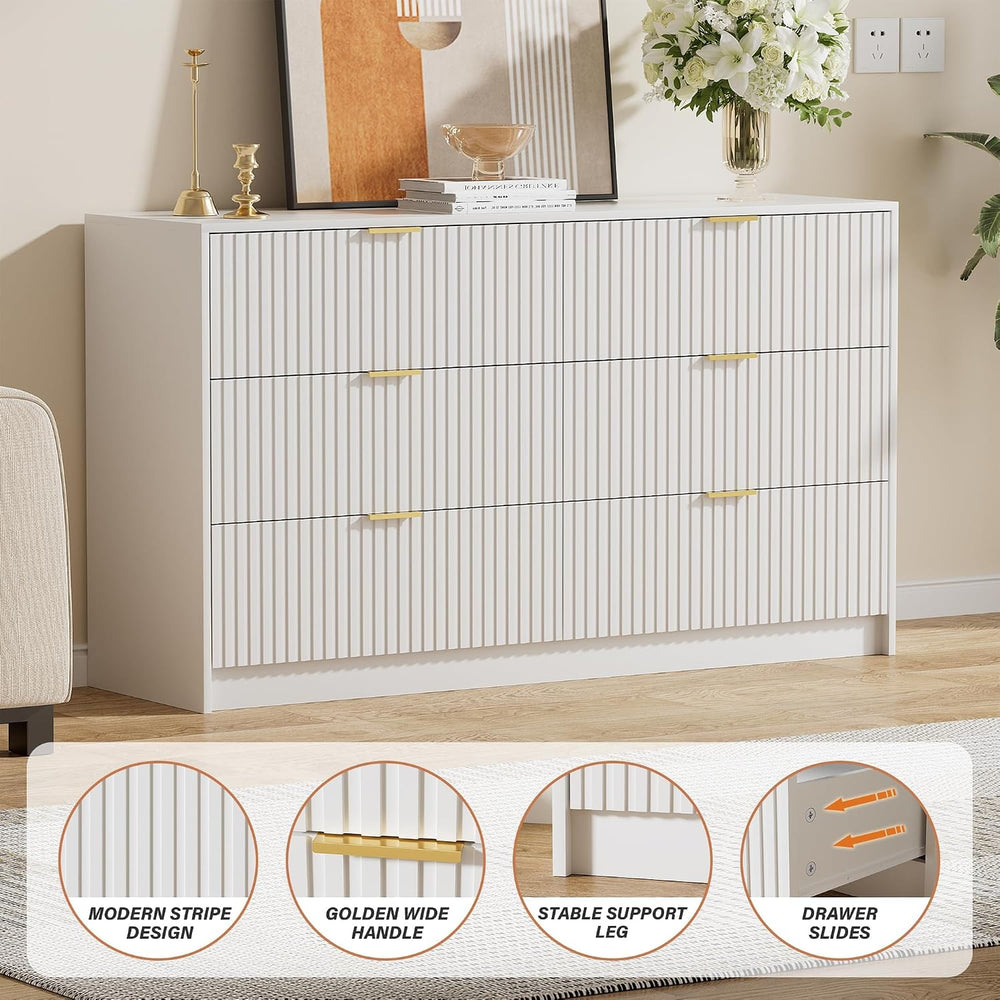 Furniway 55.1" Wide White Dresser for Bedroom, Fluted 6 Drawer Dresser