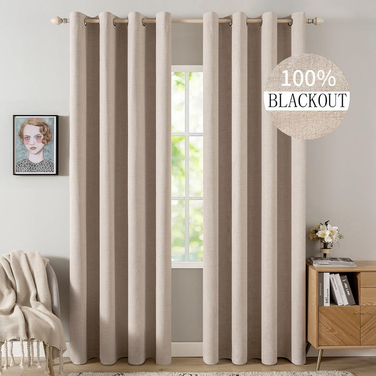 miulee 100% blackout linen curtains for bedroom 52x72, main product view