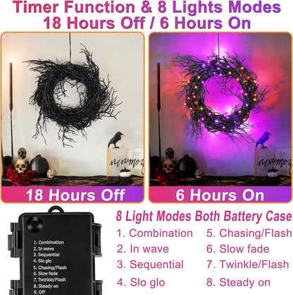 9 FT 66 LED Willow Vine Twig Decor Black Halloween Garland with Orange Purple Lights, Timer 8 Modes Waterproof Battery Operated Indoor Halloween Decorations for Wall Fireplace Mantle Home Office Decor