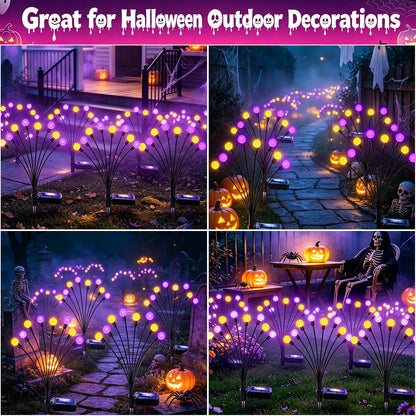 Kohlrabi Halloween Decorations Outdoor, 4 Pack 32 LED Purple and Orange Solar Firefly Lights Waterproof, Sway by Wind, Solar Wind Swaying Light for Garden Yard Patio Pathway Decoration