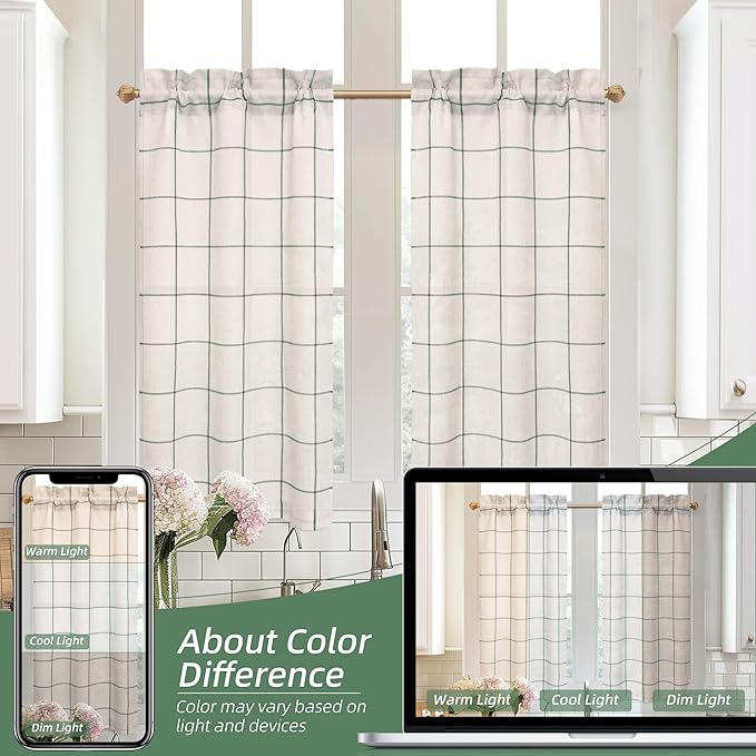 DriftAway Kitchen Curtains Striped Tier Linen Short Curtains Windowpane Plaid - Image 7