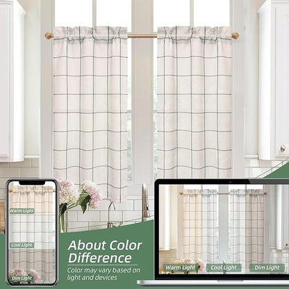 DriftAway Kitchen Curtains Striped Tier Linen Short Curtains Windowpane Plaid - Image 7