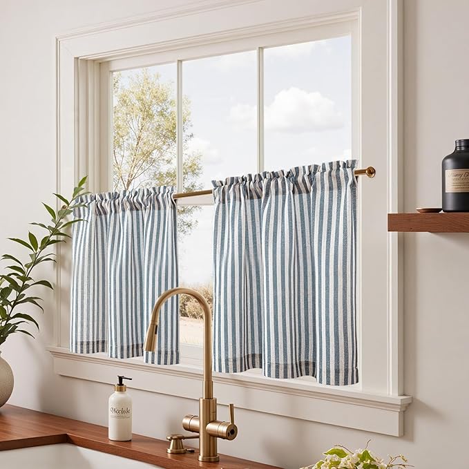 jinchan Striped Linen Kitchen Curtains 24 Inches Length Tier Curtains Farmhouse - Image 2