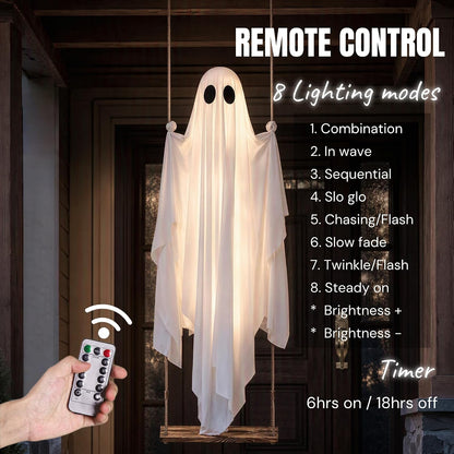 Halloween Decorations Outdoor - 5FT Large Hanging Swing Ghost Halloween Decor with String Lights, Spooky Cute Ghost Decorations for Front Porch Yard Tree