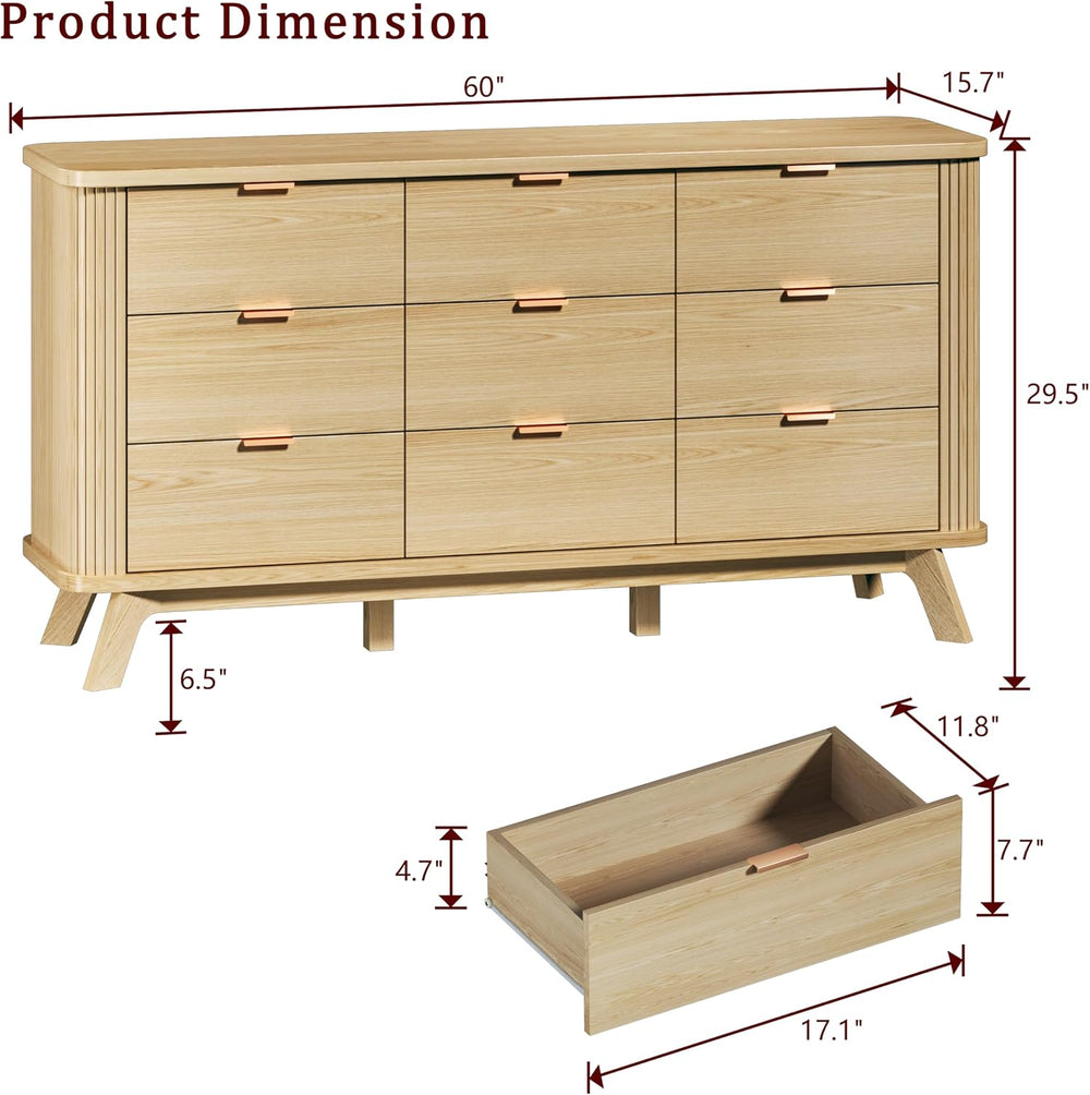 HUAHUU Fluted 9 Drawers Dresser, 60" Mid Century Modern & Chests of ...