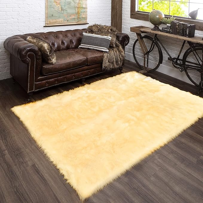 Latepis Rug for Living Room 6x8 Yellow Faux Fur Fluffy Rug Sheepskin Furry Rugs - Image 7