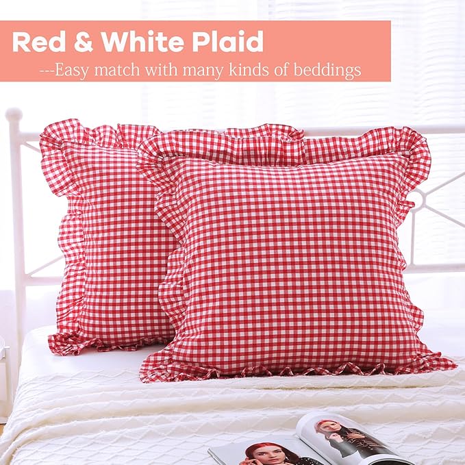 2 Pack Red White Plaid Ruffle Gingham Euro Pillow Sham Coverss, 100% Washed - Image 3