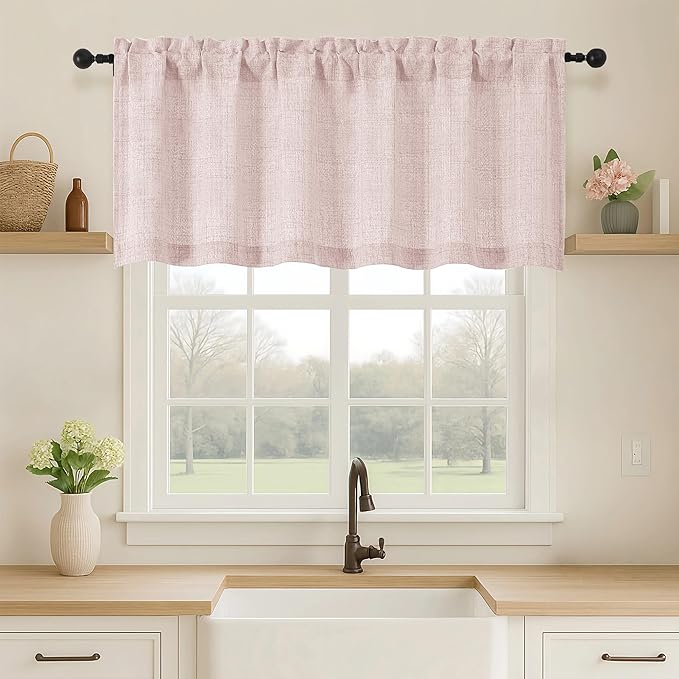 OVZME Blush Pink Valance for Windows, Light Filtering Faux Linen Textured Small by OVZME