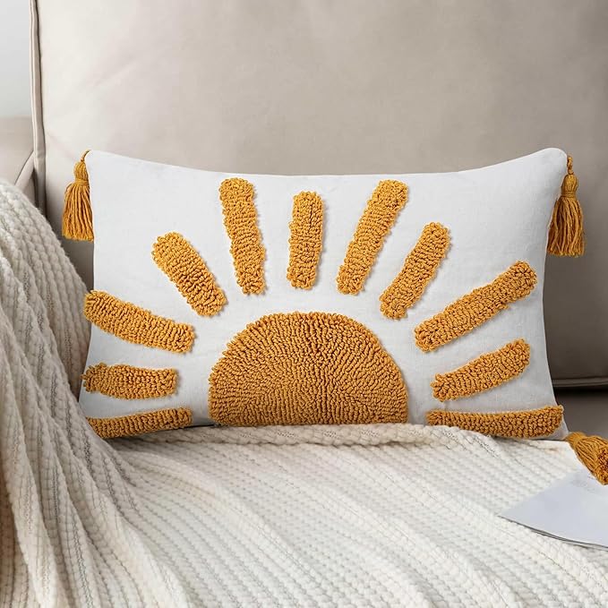 Adabana Boho Decorative Throw Pillow Covers 12x20 Lumbar Tufted Yellow Sun by Adabana