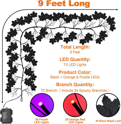 FLYSNK 9 FT 72 LED Halloween Willow Vine Twig Decorations With Orange & Purple Lights - 8 Modes & Timer - Battery Operated Garland for Indoor Mantle Fireplace Home Decor