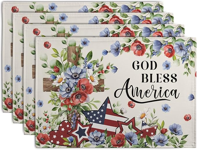 4th of July Placemats Set of 4 Patriotic Floral Cross Stars Independence by Wnoesat