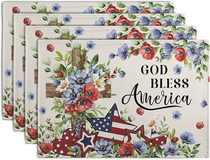 4th of July Placemats Set of 4 Patriotic Floral Cross Stars Independence by Wnoesat