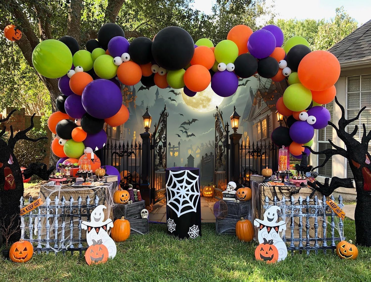 12x8ft Halloween Backdrop Scary Full Moon Night Pumpkin Ghost Castle Halloween Photo Backdrops for Photography Haunted House Back Drop for Picture Booth Props Party Decorations