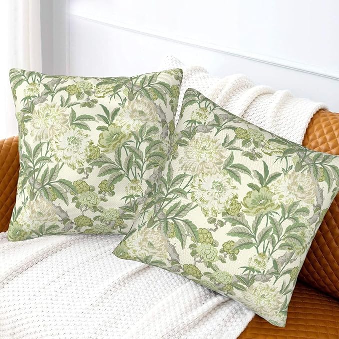 French Country Green Floral Throw Pillow Covers 18x18 Inch Set of 2 Spring - Image 3