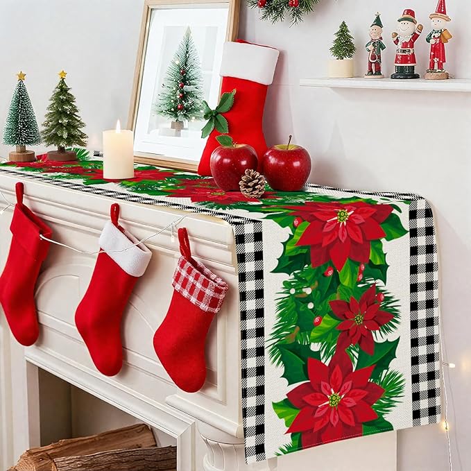 OTOSTAR Black and White Buffalo Check Plaid Holly Christmas Flowers Table Runner - Image 5