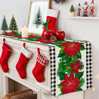 OTOSTAR Black and White Buffalo Check Plaid Holly Christmas Flowers Table Runner - Image 4